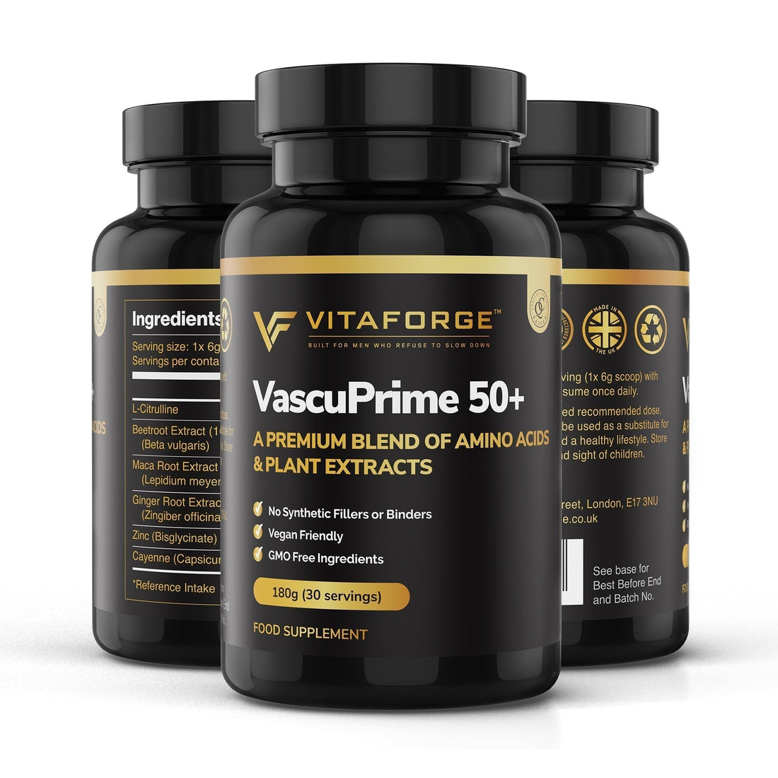 VascuPrime 50+ by VitaForge™ — Premium blend of amino acids and plant extracts, made in the UK