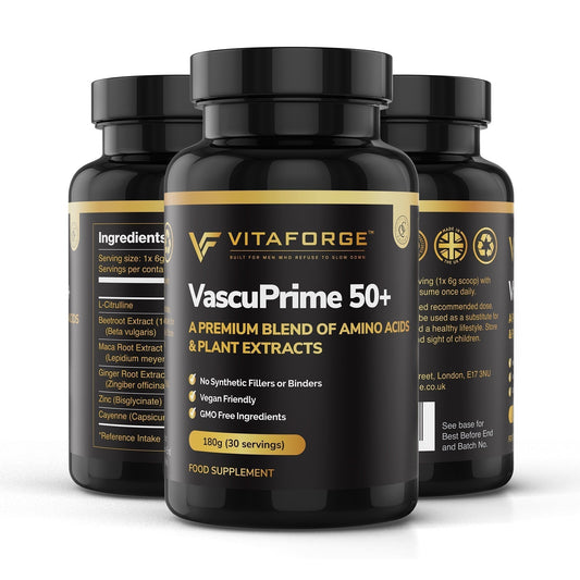 VascuPrime 50+ by VitaForge™ — Premium blend of amino acids and plant extracts, made in the UK