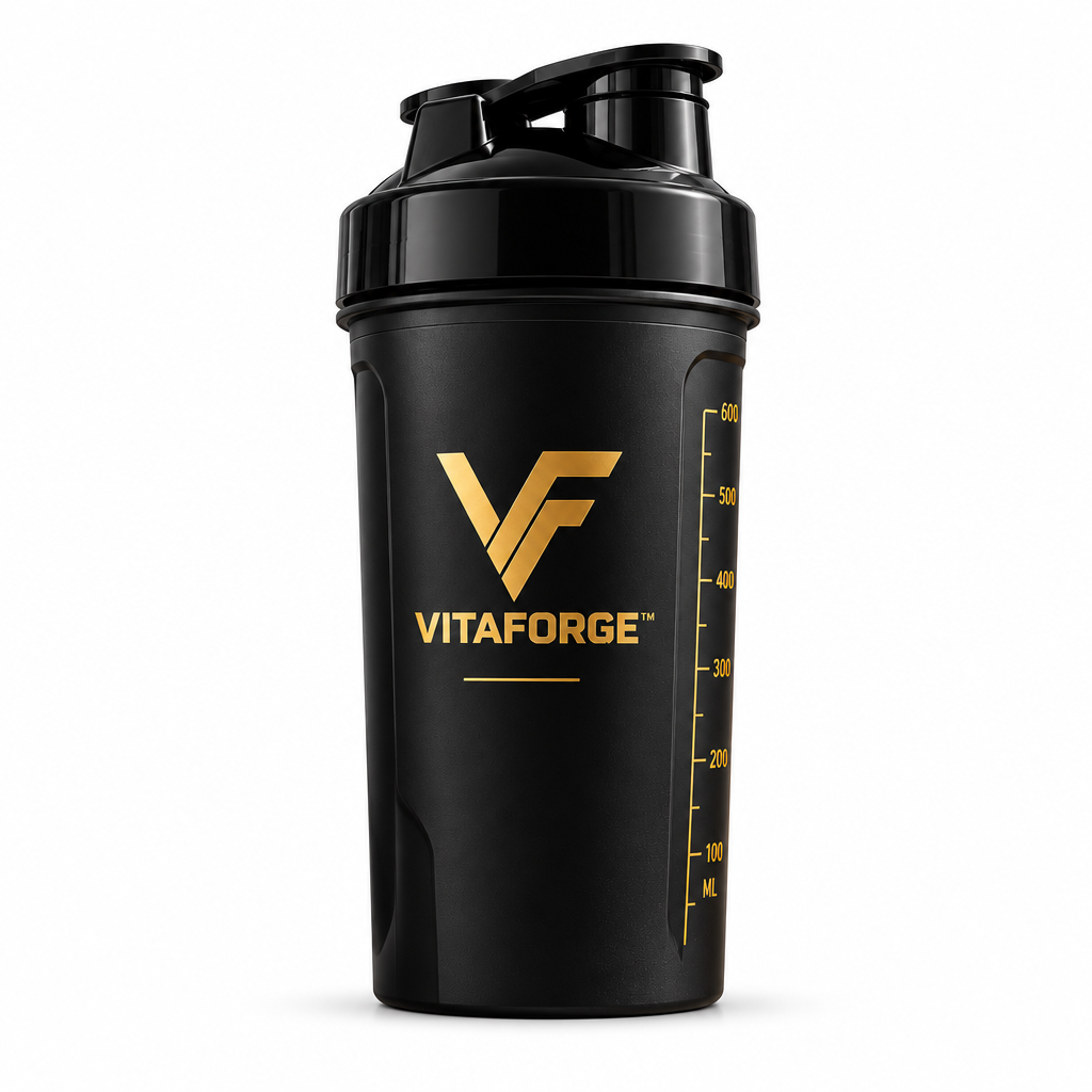 Black VITAFORGE shaker with gold logo and measurement markings on white background